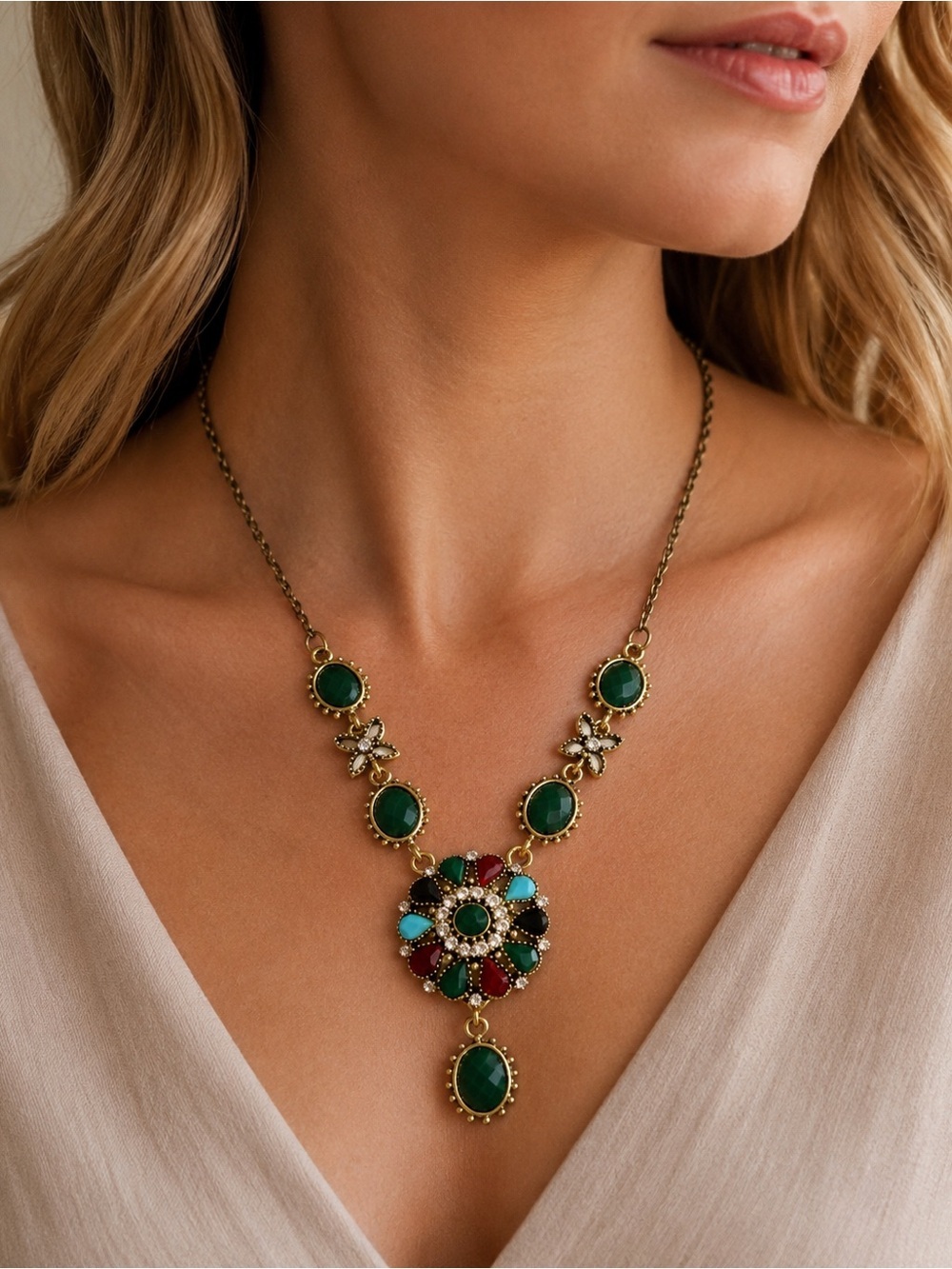 Green and Multi-Color Floral Pendant Necklace